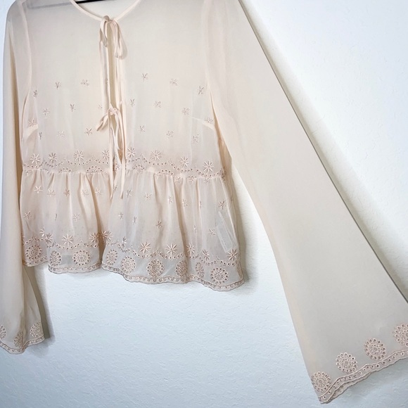 Forever 21 Embroidered Cream Sheer Long Sleeve Top - Picture 5 of 8